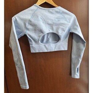 JOLLMONO Seamless Long Sleeve Workout Crop Top Cut-out Womens S Ice Blue Gray